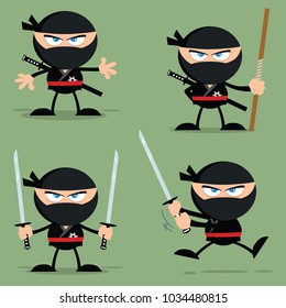 Ninja Warrior Cartoon Character With Weapons Flat Design. Vector Collection With Green Background