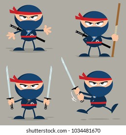 Ninja Warrior Cartoon Character With Weapons Flat Design Vector Collection With Gay Background