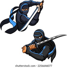 Ninja warrior character, with two poses, picking up a sword, perfect for gaming logos and related designs
