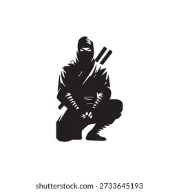 Ninja warrior crouching ready for combat, skilled fighter, mysterious silhouette, dark figure, agile movement, stealthy.