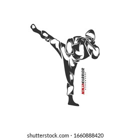Ilustración vectorial de diseño de guerrero Ninja. Silhouette de un luchador japonés.