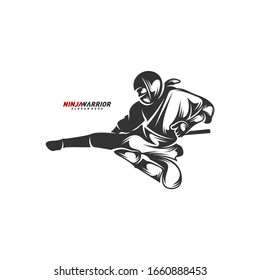 Ilustración vectorial de diseño de guerrero Ninja. Silhouette de un luchador japonés.