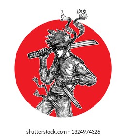 Ninja Warrior Dual Sword, Hand Drawn Illustration, Isolated Vector