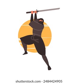 A ninja warrior in a dynamic pose at the moment of impact. A vector image of a masked character wielding katanas and demonstrating ninjutsu techniques