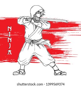 Ninja Warrior , Hand drawn Illustration, Isolated Vector