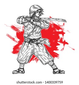 Ninja Warrior, Hand Drawn Illustration, Isolated Vector