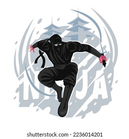 Ninja warrior jumping attack vector illustration. Poster design. Japanese ninja .