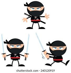 Ninja Warrior With Katana Modern Flat Design. Vector Collection Set