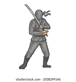 Ninja warrior with katana sword color sketch engraving vector illustration. T-shirt apparel print design. Scratch board imitation. Black and white hand drawn image.