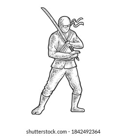 Ninja warrior with katana sword sketch engraving vector illustration. T-shirt apparel print design. Scratch board imitation. Black and white hand drawn image.