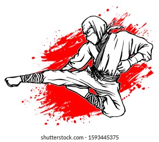 Ninja Warrior Kick, Hand Drawn Illustration, Isolated Vector