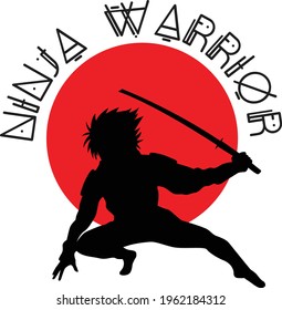 Diseño del logo del guerrero Ninja. Ninja se para delante del sol rojo. Ninja sostiene su espada. 