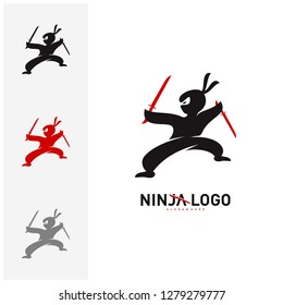 Ninja Warrior logo Design Vector Template. Silhouette of japanese fighter. - Vector