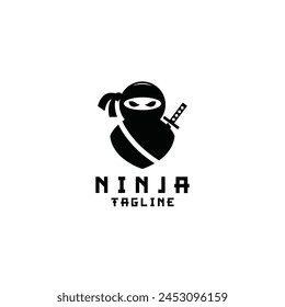A Ninja warrior with a mask and sword behind him Logo Design Symbol Template Flat Style Vector Illustration