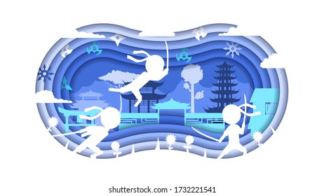 Ninja Warrior Paper Cut Background Person Silhouette Clouds Vector