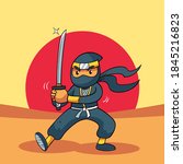 Ninja warrior or samurai vector character. Ninja warrior samurai in mask with weapon sword illustration. Cartoon funny warrior.