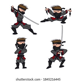 Carácter vector Ninja guerrero o samurai. Guerrero de Ninja samurai en máscara con arma de ilustración. Guerrero gracioso de caricatura.