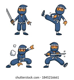 Ninja warrior or samurai vector character. Ninja warrior samurai in mask with weapon sword illustration. Cartoon funny warrior.
