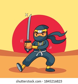 Ninja warrior or samurai vector character. Ninja warrior samurai in mask with weapon sword illustration. Cartoon funny warrior.