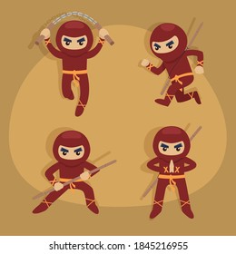 Carácter vector Ninja guerrero o samurai. Guerrero de Ninja samurai en máscara con arma de ilustración. Guerrero gracioso de caricatura.