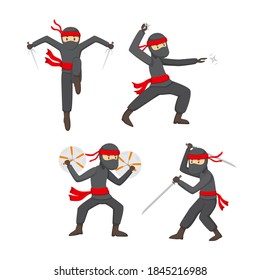 Ninja warrior or samurai vector character. Ninja warrior samurai in mask with weapon sword illustration. Cartoon funny warrior.