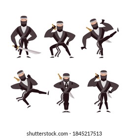 Ninja Krieger oder Samurai Vektorzeichen. Ninja Krieger Samurai in Maske mit Waffenschwert-Illustration. Cartoon-lustiger Krieger.