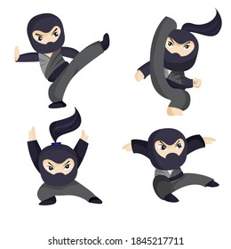 Ninja warrior or samurai vector character. Ninja warrior samurai in mask with weapon sword illustration. Cartoon funny warrior.
