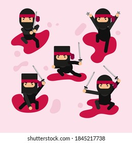 Ninja warrior or samurai vector character. Ninja warrior samurai in mask with weapon sword illustration. Cartoon funny warrior.