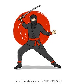 Ninja warrior or samurai vector character. Ninja warrior samurai in mask with weapon sword illustration. Cartoon funny warrior.