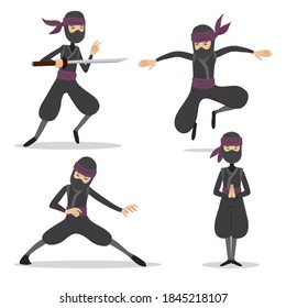 Ninja Krieger oder Samurai Vektorzeichen. Ninja Krieger Samurai in Maske mit Waffenschwert-Illustration. Cartoon-lustiger Krieger.