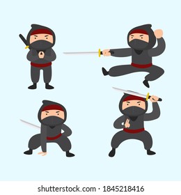 Ninja warrior or samurai vector character. Ninja warrior samurai in mask with weapon sword illustration. Cartoon funny warrior.