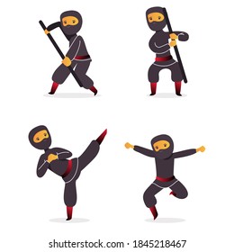 Carácter vector Ninja guerrero o samurai. Guerrero de Ninja samurai en máscara con arma de ilustración. Guerrero gracioso de caricatura.