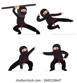 Carácter vector Ninja guerrero o samurai. Guerrero de Ninja samurai en máscara con arma de ilustración. Guerrero gracioso de caricatura.