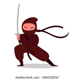 Ninja warrior or samurai vector character. Ninja warrior samurai in mask with weapon sword illustration. Cartoon funny warrior.