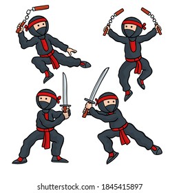 Carácter vector Ninja guerrero o samurai. Guerrero de Ninja samurai en máscara con arma de ilustración. Guerrero gracioso de caricatura.