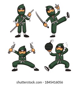 Ninja warrior or samurai vector character. Ninja warrior samurai in mask with weapon sword illustration. Cartoon funny warrior.