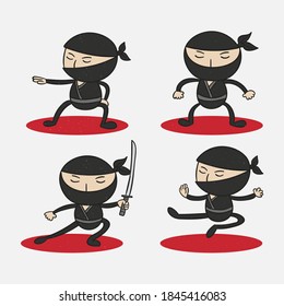 Carácter vector Ninja guerrero o samurai. Guerrero de Ninja samurai en máscara con arma de ilustración. Guerrero gracioso de caricatura.