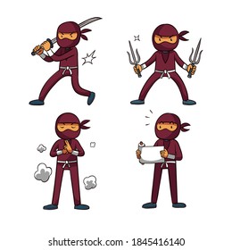Ninja warrior or samurai vector character. Ninja warrior samurai in mask with weapon sword illustration. Cartoon funny warrior.