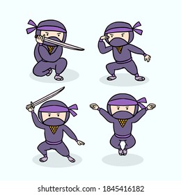 Carácter vector Ninja guerrero o samurai. Guerrero de Ninja samurai en máscara con arma de ilustración. Guerrero gracioso de caricatura.