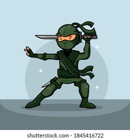 Ninja Krieger oder Samurai Vektorzeichen. Ninja Krieger Samurai in Maske mit Waffenschwert-Illustration. Cartoon-lustiger Krieger.