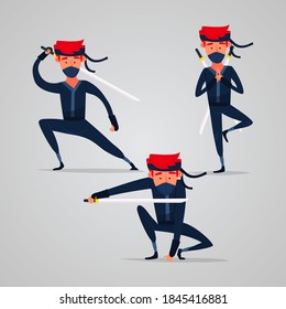 Ninja warrior or samurai vector character. Ninja warrior samurai in mask with weapon sword illustration. Cartoon funny warrior.