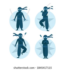 Ninja warrior or samurai vector character. Ninja warrior samurai in mask with weapon sword illustration. Cartoon funny warrior.