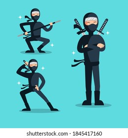Ninja warrior or samurai vector character. Ninja warrior samurai in mask with weapon sword illustration. Cartoon funny warrior.
