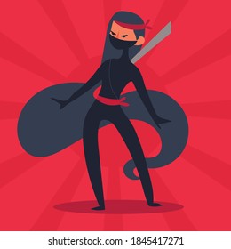 Ninja warrior or samurai vector character. Ninja warrior samurai in mask with weapon sword illustration. Cartoon funny warrior.