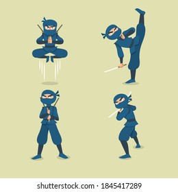 Ninja warrior or samurai vector character. Ninja warrior samurai in mask with weapon sword illustration. Cartoon funny warrior.
