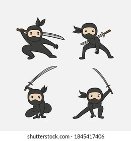 Ninja warrior or samurai vector character. Ninja warrior samurai in mask with weapon sword illustration. Cartoon funny warrior.