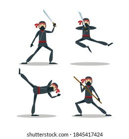 Ninja Krieger oder Samurai Vektorzeichen. Ninja Krieger Samurai in Maske mit Waffenschwert-Illustration. Cartoon-lustiger Krieger.