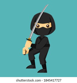 Carácter vector Ninja guerrero o samurai. Guerrero de Ninja samurai en máscara con arma de ilustración. Guerrero gracioso de caricatura.