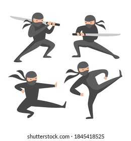 Carácter vector Ninja guerrero o samurai. Guerrero de Ninja samurai en máscara con arma de ilustración. Guerrero gracioso de caricatura.