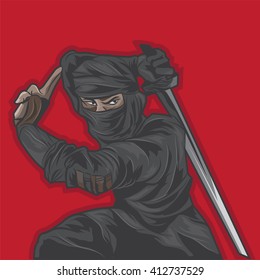 Ninja warrior with samurai vector drawing.Japanese traditional character illustration.